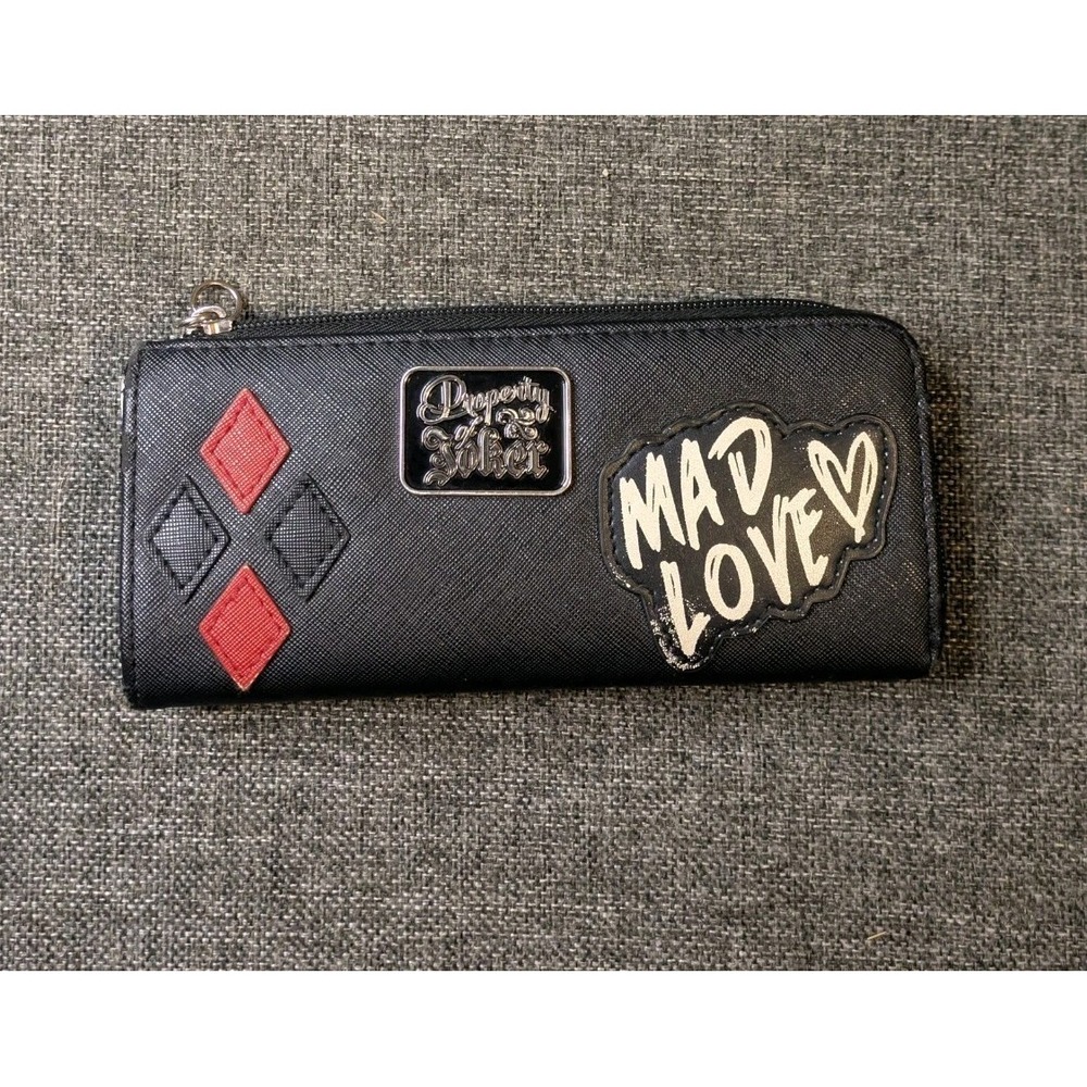 Harley Quinn Zip-Around Wallet Red Black Diamond Pattern Mad Love Joker Leather